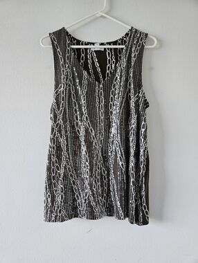 💥Sleeveless V-Neck Chain Print wth sequinsT Top - Brown & White size XL💥
